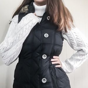 Black Puffer Vest With Faux Fur Hood